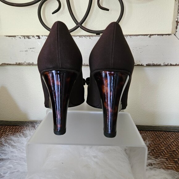 Stuart Weitzman -Women`s Brown Satin Bow PeepToe Wedge Heel Shoe Pump size 7.5 - Picture 6 of 6